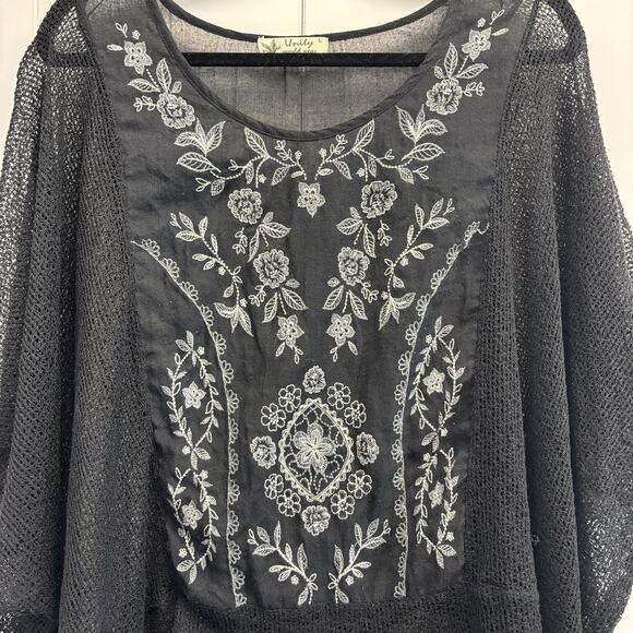 Unity World Wear Black Floral Sheer Blouse Women Large Knit Web Boho Beachy Chic - Picture 3 of 9
